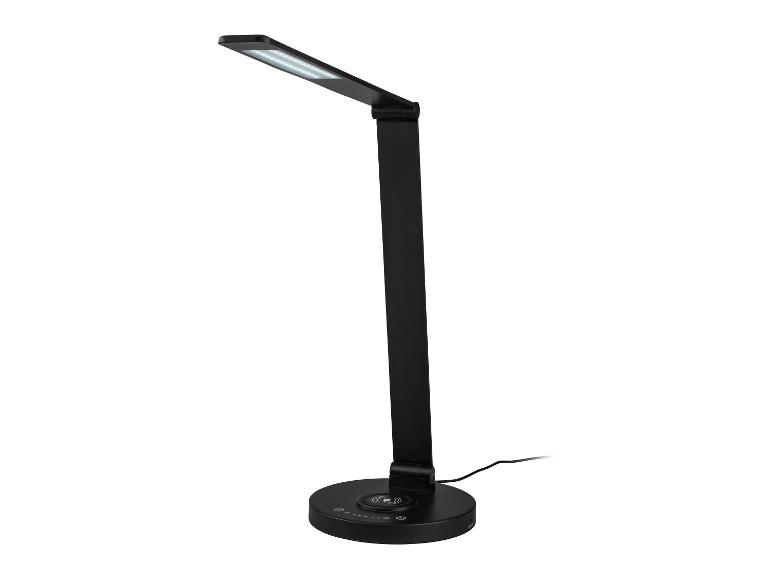 Schwarze LED-Schreibtischlampe mit kabellosem Ladegerät und Touch-Bedienfeld.
