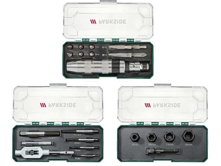 Parkside Werkzeugsets, darunter Schraubendreher, Schraubenausdreher und Steckschlüssel.