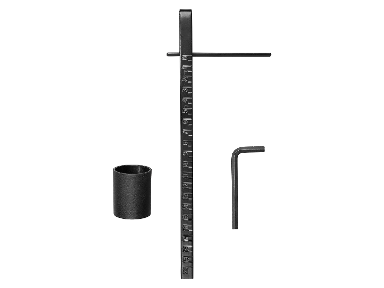 Schwarzes Messwerkzeug mit Inbusschlüssel und zylindrischem Element.