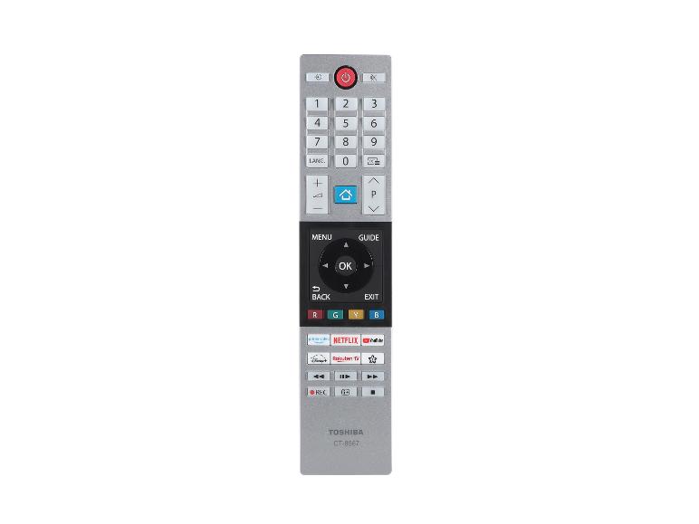 Toshiba CT-8567 Fernbedienung in silbergrau mit Netflix, YouTube und Prime Video Tasten.