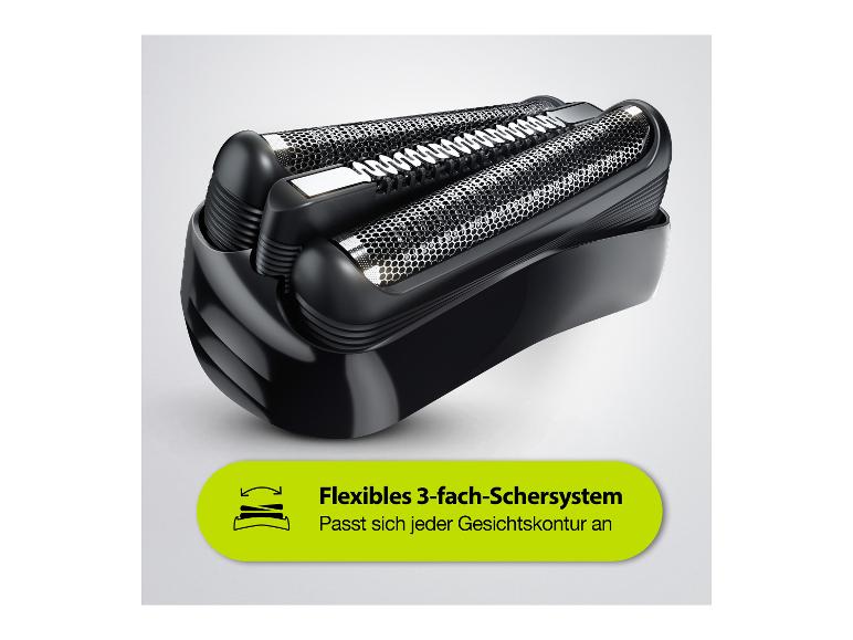 Elektrischer Scherkopf mit flexiblem 3-fach-Schersystem, passt sich jeder Gesichtskontur an.