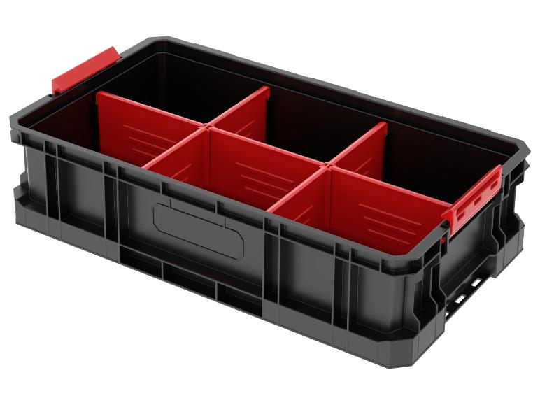 Schwarze Aufbewahrungsbox mit roten Trennwänden zur Werkzeugorganisation.