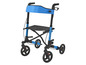 Ein blauer Rollator mit Sitz und Rädern