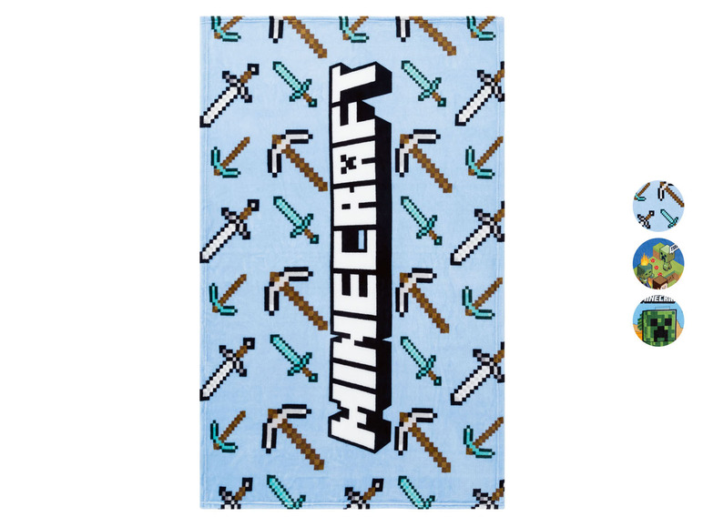 Eine blaue Minecraft-Decke mit Schwertern und Spitzhacken.