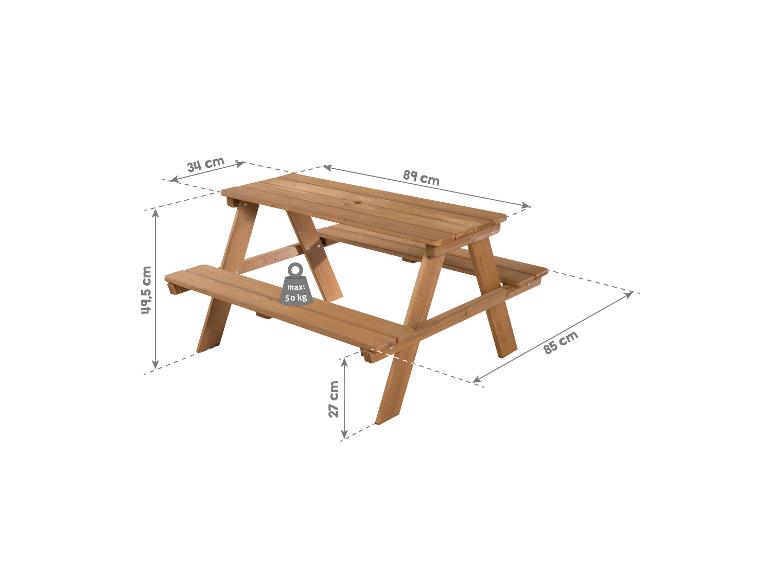 Hölzerner Kinder-Picknicktisch mit Maßen: 89x85x49,5 cm, Sitzhöhe 27 cm, max. Belastung 50 kg.