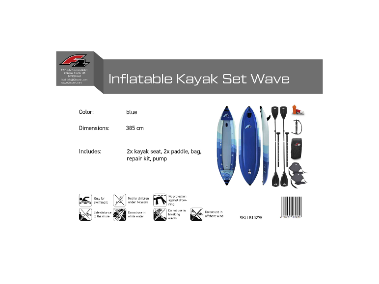 Blaues aufblasbares Kajak mit zwei Sitzen, Paddeln, Tasche, Reparaturset und Pumpe.