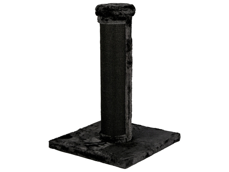 Ein schwarzer Kratzbaum mit einer Plüschbasis.