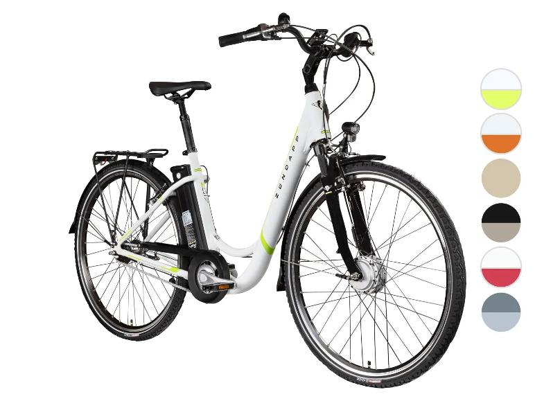 Weißes Tiefeinsteiger-E-Bike mit Farbpalette an der Seite.
