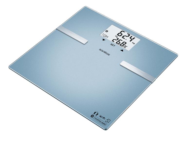 Smarte Personenwaage zeigt Gewicht (62,4 kg) und Körperfett (26,8 %) an