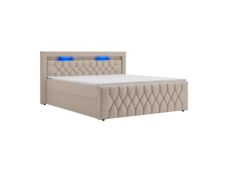 Beigefarbenes Bett mit gepolstertem Kopfteil und blauer LED-Beleuchtung.