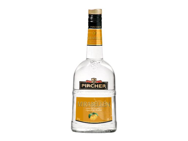 Flasche Pircher Mirabellen Edelbrand, ein Mirabellenbrand, mit gelbem Etikett.
