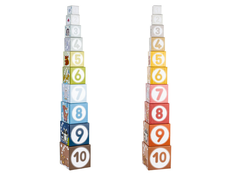 Zwei Türme aus Blöcken mit Zahlen von 1 bis 10 und Tierbildern