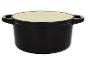 Schwarzer gusseiserner Topf mit cremefarbenem Deckel.