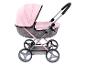 Rosa und grauer Puppenwagen mit faltbarem Verdeck und Einkaufskorb.
