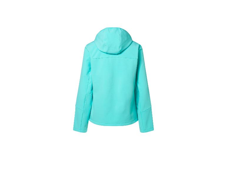 Türkisfarbene Sportjacke mit Kapuze, Rückansicht.