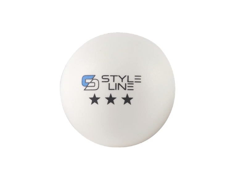 Weißer Tischtennisball mit „STYLE LINE“-Logo und drei Sternen.