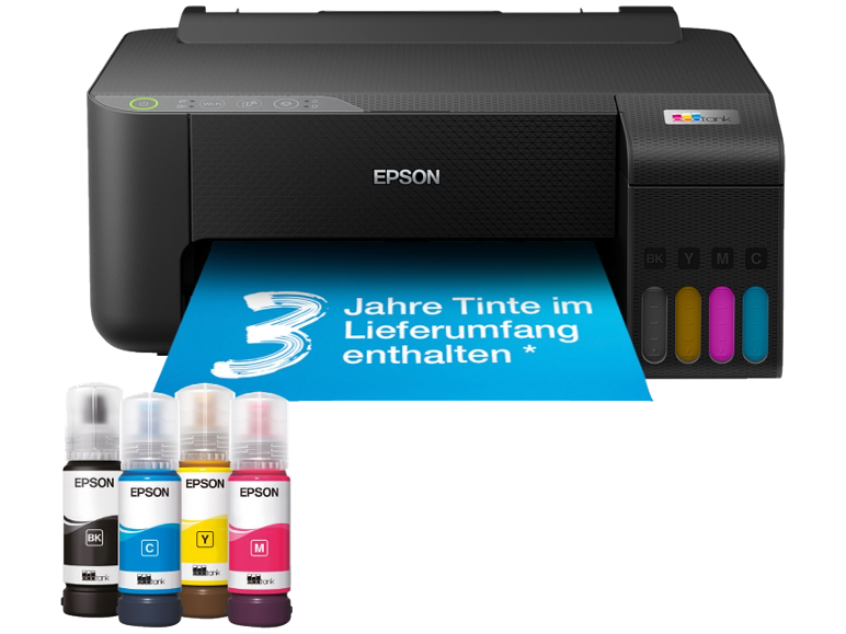 Schwarzer Multifunktionsdrucker mit farbigen Tintenflaschen und dem Text „3 Jahre Tinte im Lieferumfang enthalten“.