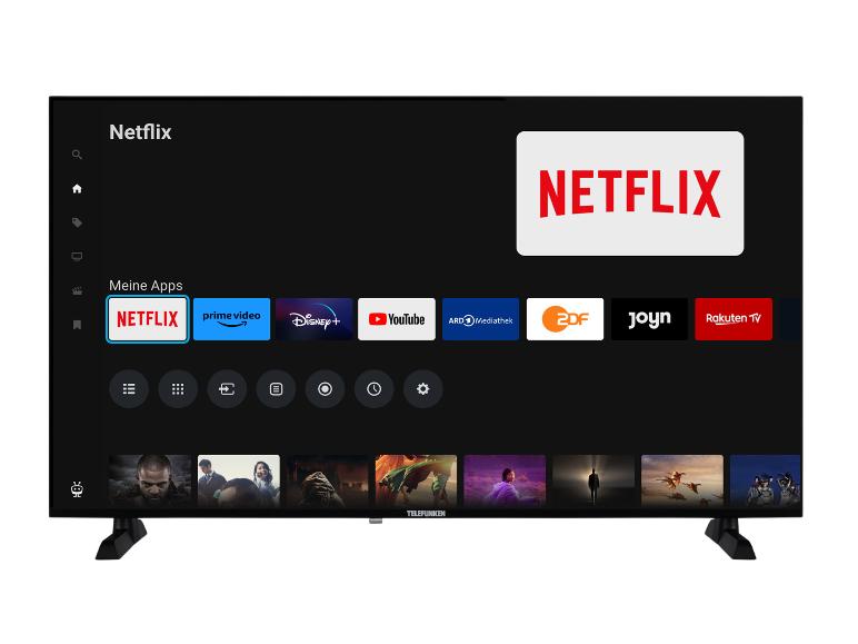Telefunken Fernseher mit geöffneter Netflix-App und weiteren Streaming-Diensten.