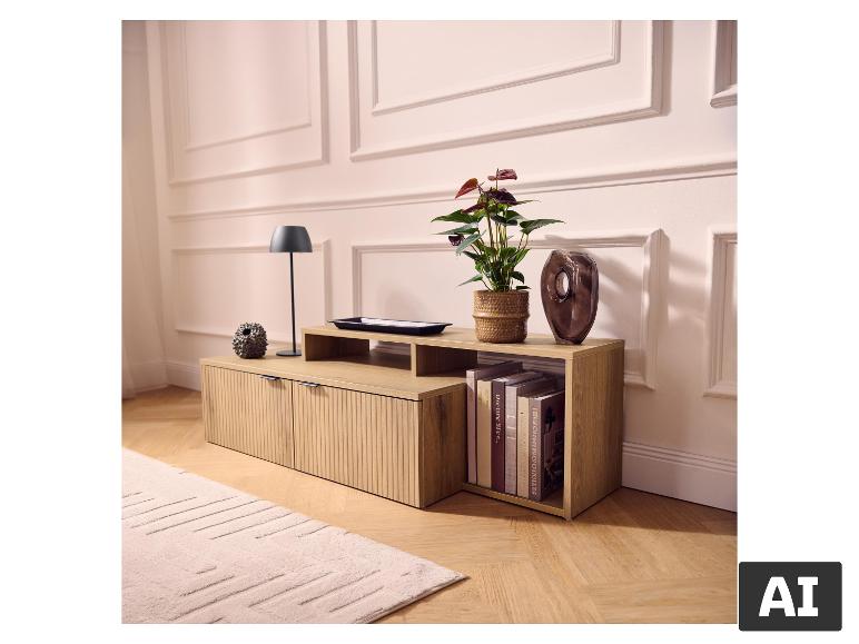 LIVARNO® Lowboard mit 2 Türen, Pflanze, Vase und Büchern auf Holzboden. [KI-generiertes Bild]