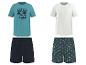 T-Shirts und Pyjamashorts: ein blaues T-Shirt mit Palmen und ein weißes, sowie unifarbene und Palmenmuster-Shorts.