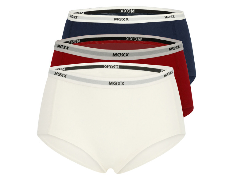 Drei Paar Boxershorts der Marke Mexx in Weiß, Rot und Blau.