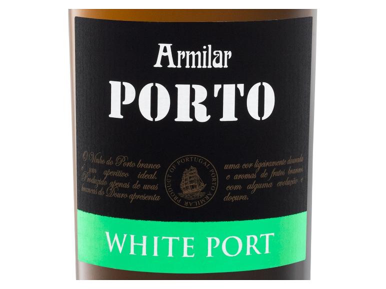 Armilar Porto White Port Weinflasche mit schwarzem und grünem Etikett.