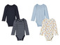 Baby-Bodys in unifarbenem Blau, gestreift und mit Fruchtprint.