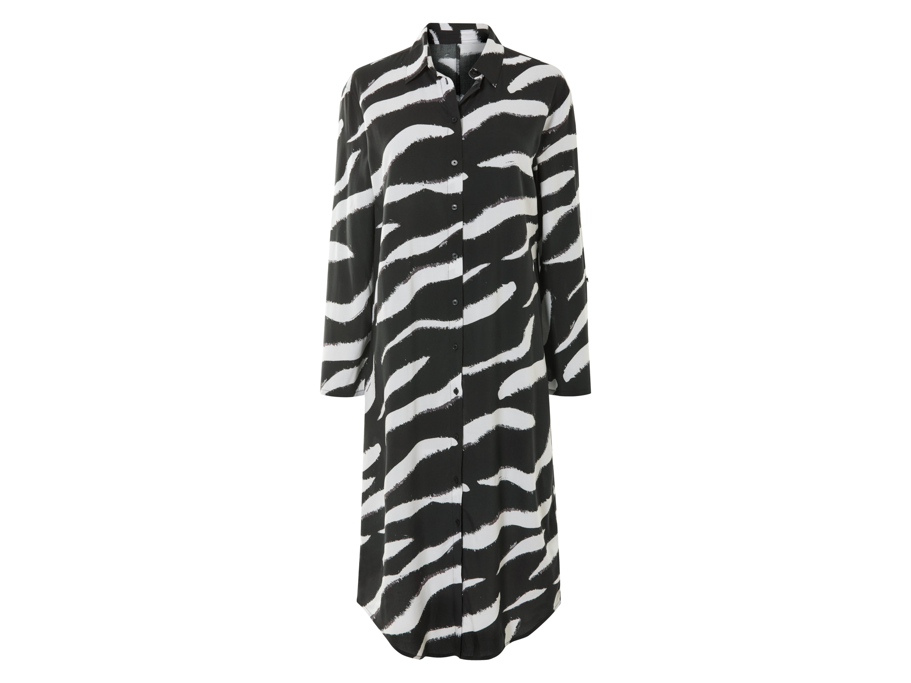 esmara® Damen Blusenkleid langarm (Muster/schwarz/weiß, 44)““ | Muster/schwarz/weiß Muster: – Detail: Krempelfunktion am Ärmel durch Riegel und Knopf Schnitt: leicht ausgestellt geschnitten Ausschnitt: – Kragenform: Kentkragen Ärmellänge: langarm Länge: Midi Material: Viskose Lenzing™ Ecovero™ Pflegehinweis: waschen bei max. 30 °C Pflegeleicht nicht bleichen nicht im Wäschetrockner trocknen bügeln bis 150 °C Stufe 2. Dampfbügeleisen kann verwendet werden nicht trockenreinigen Größe: 34 – 46 Meine Lidl-Größe – so einfach gehts Deine Größe findest du in der Lidl-Größentabelle . Oeko-Tex® Standard 100 Geprüft auf Schadstoffe Zertifizierungsnummer: 09.0.68536 Hohenstein Htti Standard 100 by Oeko-Tex® ist die weltweit bekannteste, unabhängige Zertifizierung schadstoffgeprüfter Textil- und Lederprodukte aller Art – vom Garn und den Stoffen bis hin zum gebrauchsfertigen Artikel. Das Label bestätigt