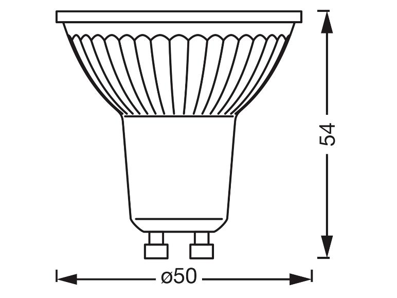 Technische Zeichnung einer Glühbirne mit Maßen: Durchmesser 50 mm, Höhe 54 mm.