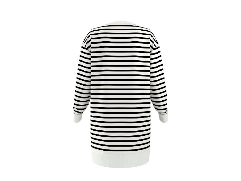 Gestreiftes schwarz-weißes Langarmkleid, Rückansicht.