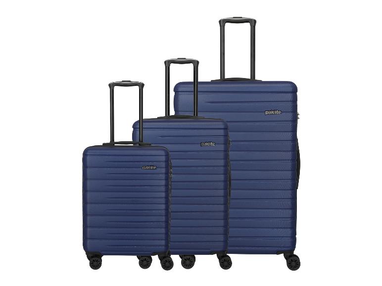 Set aus drei blauen Koffern in verschiedenen Größen mit ausziehbaren Griffen und Rollen.