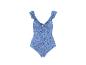 Blauer geblümter Einteiler-Badeanzug mit Rüschen an den Trägern und Bindedetail