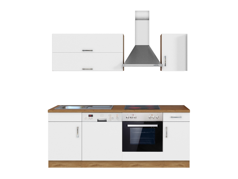 Weiße Küche mit eingebautem Backofen, Kochfeld und Spülmaschine.