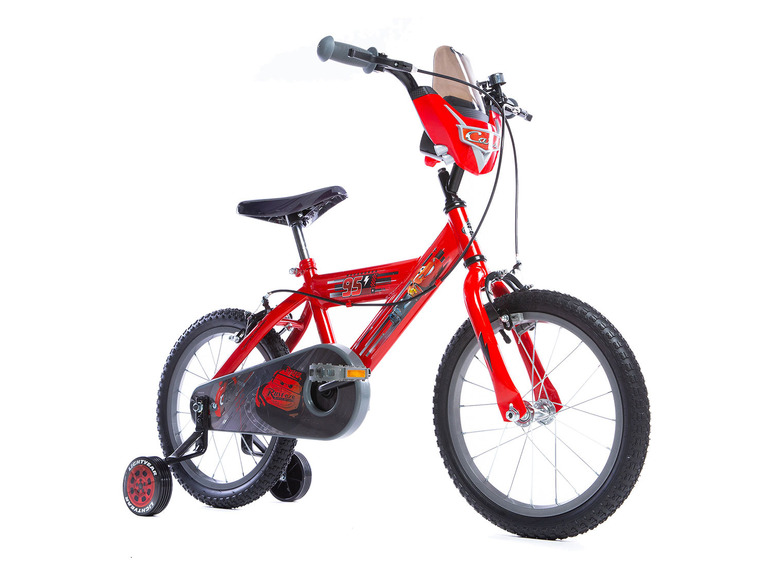 Ein rotes Cars Kinderfahrrad mit Stützrädern.