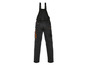 Schwarze Latzhose mit orangefarbenen Details.