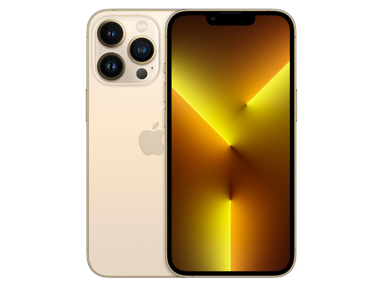 Ein goldenes Apple iPhone mit einer dreifachen Kamera und einem abstrakten Hintergrundbild.