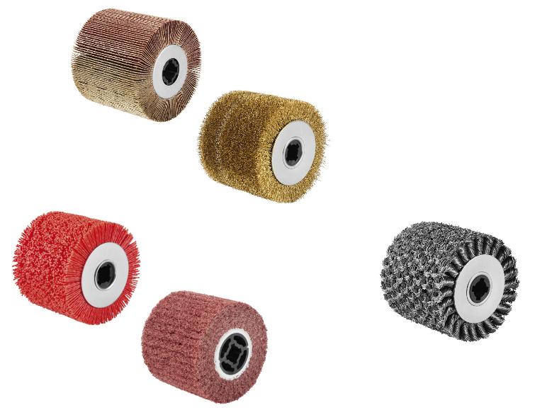 Schleif- und Metallwalzenbürsten in verschiedenen Farben und Materialien.