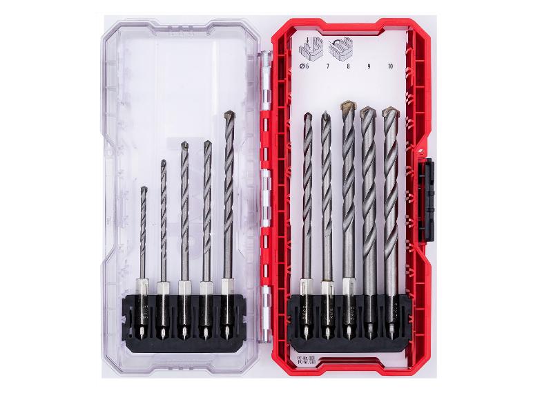 Betonbohrer-Set in offener rot-transparenter Box, mit Größen von 6 bis 10 mm.