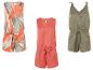 Sommer-Jumpsuits: Blumenmuster, einfarbig Koralle und Olivgrün.