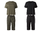 Zwei Damen-Pyjamas: einer mit Shorts im Leopardenmuster, der andere schwarz mit Spitzenbesatz.