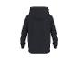 Schwarzer Kapuzenpullover mit grünem Logo am linken Ärmel, Rückansicht.
