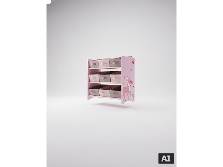 Rosa Kinderregal mit Hirsch- und Igelmotiv, mit neun Stoffboxen.