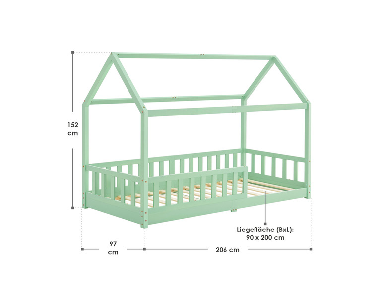 Ein mintgrünes Kinderbett aus Holz in Hausform.