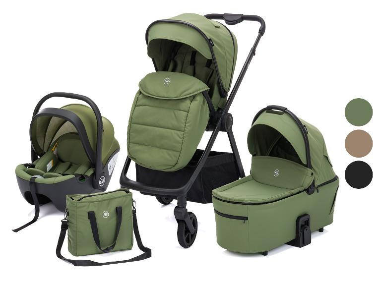 Grüner 3-in-1-Kinderwagen mit Autositz, Babywanne und passender Wickeltasche.