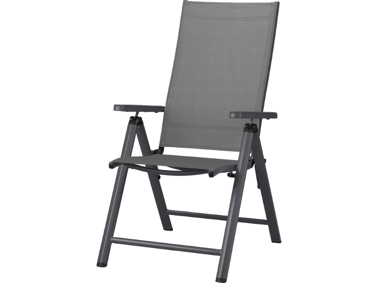 Grauer Klappstuhl für Camping oder Garten.