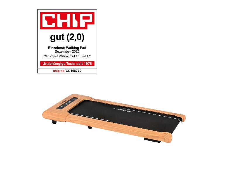 Walking Pad mit Holzoptik und Bedienfeld, im Test mit „gut“ (2,0) bewertet.
