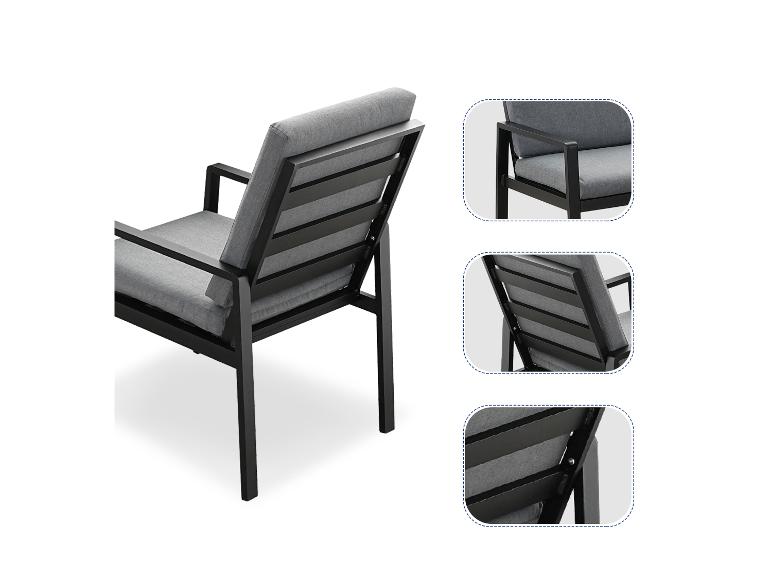Gartenstuhl mit schwarzem Metallrahmen und grauen Kissen, mit Nahaufnahmen.