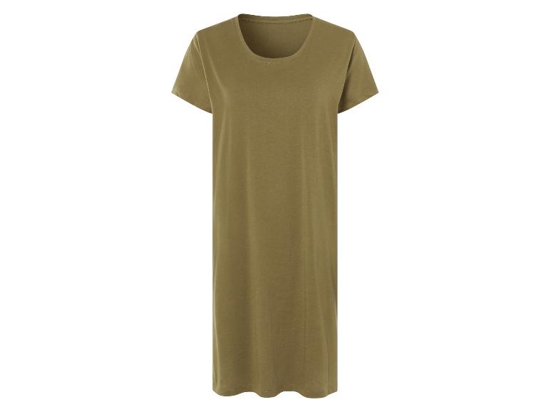 Einfaches olivgrünes T-Shirt-Kleid, minimalistischer Stil.