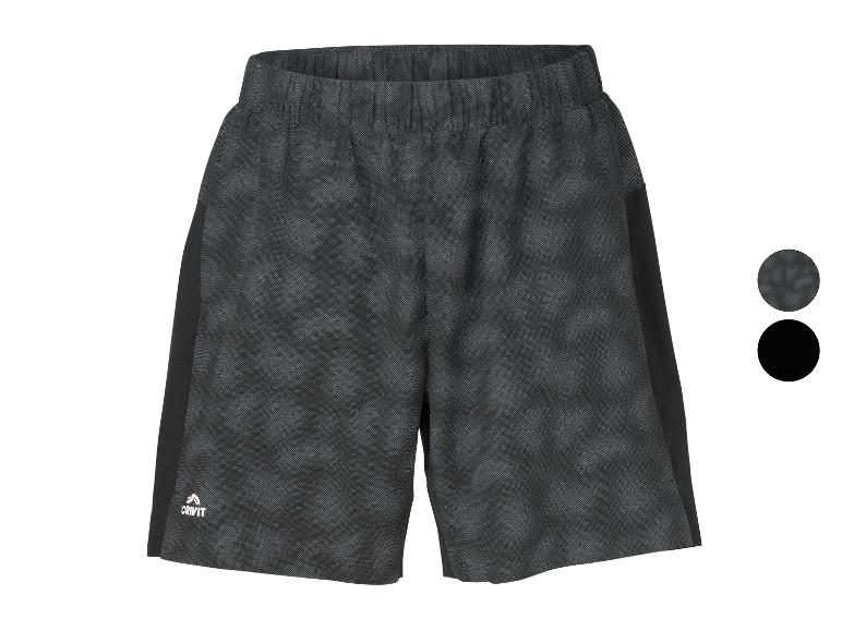 Dunkelgraue Sportshorts mit dezentem Muster und schwarzen Seitenpaneelen.