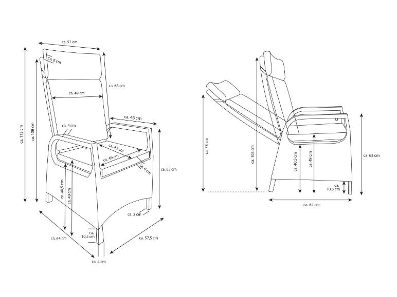 Maße eines Relaxsessels und eines Liegesessels.